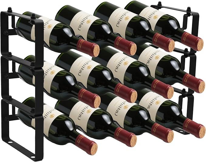 Black Wine Rack for 12 Bottles – Stackable & Expandable Metal Wine Bottle Holder for Bar Counter, Cabinet, Pantry, or Small Spaces – Modern Freestanding Wine Storage Shelf (3 Tier, Black)