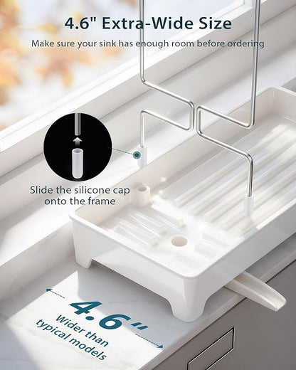 Caumic Minimalist Sink Caddy, Rustproof Sponge Holder for Kitchen Sink with 304 Stainless-Steel Brush Holder, Countertop Rack Organizer with Raised Ridges & Silicone Drain Tube (Cream White)