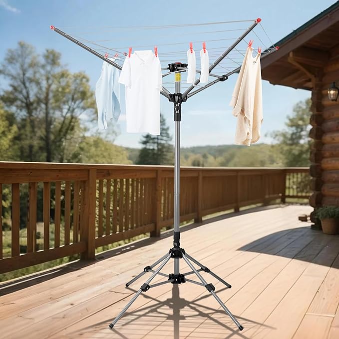 Outdoor Clothes Drying Rack, Portable Umbrella Clothesline, 4-Arm 8 Lines of 82 Ft Hanging Space, Height Adjustable Outdoor Rotary Drying Rack, Foldable Laundry Drying Rack for Backyard