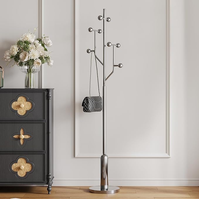 Coat Rack Freestanding with Stainless Steel Marble Base, 8 Ball-shaped Hooks, Heavy-Duty Standing Coat Rack, Coat Hanger Stand for Bedroom Entryway Hallway, Hat, Bags, Long Dresses, Silver
