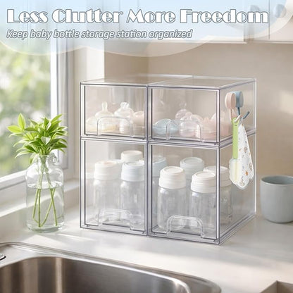 Baby Bottle Organizer-4 Pack Stackable Storage Drawers, Baby Organizers and Storage with Hooks, Clear Acrylic Multipurpose Bottle Storage for Countertop,Kitchen,Cabinet,Vanity,Bathroom