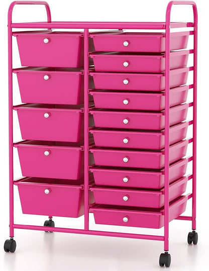 DORTALA 15-Drawer Rolling Storage Cart with Drawers, Rolling Utility Cart w/Removable Drawers & Universal Wheels, Tools Scrapbook Paper Organizer for School, Office, Home, Classroom (Hot Pink)