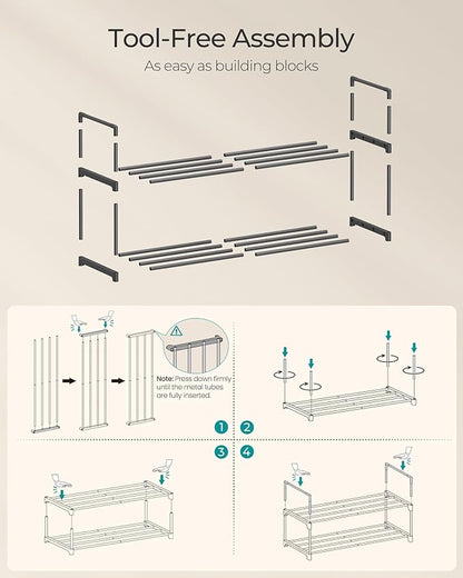 SONGMICS Shoe Rack, 2-Tier Shoe Organizer, Metal Storage Shelf, Upright or Upside Down, for 6-9 Pairs, Stackable, for Entryway, 11.8 x 26.8 x 13.2 Inches, Black ULSA202B01