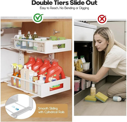 Under Sink Organizer, 2-Tier Dual Pull Out Cabinet Organizer Drawers With Smooth Circular Rail, Large Capacity Metal Mesh Sliding Shelves For Bathroom& Kitchen Storage,Height Adjustable–White,2 Packs