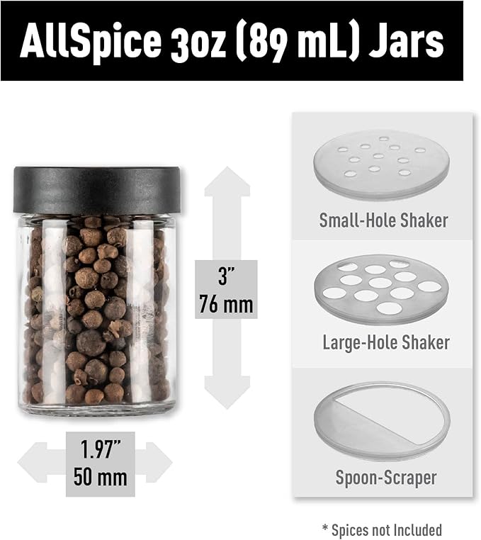 AllSpice 3” Glass Spice Jars 3 fluid ounces- 6 Pack
