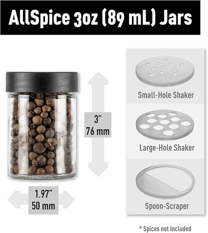 AllSpice 3” Glass Spice Jars 3 fluid ounces- 6 Pack