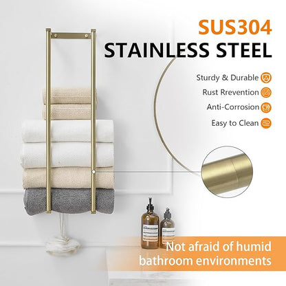 BWE Brushed Gold Towel Racks for Bathroom, 28" Stainless Steel Bathroom Towel Holder for Rolled Towels, Wall Mounted Towel Storage for Bathroom with 2 Hooks, 6 Large Bath Towels Capacity