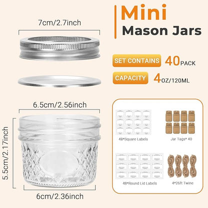 Eathtek 4 oz Mason Jars 40 Pack, 120ml Mini Canning Jars with Regular Lids for Jelly Herbs Spice Honey Storage, Small Glass Jars Candle jars, Extra Tags Label Included