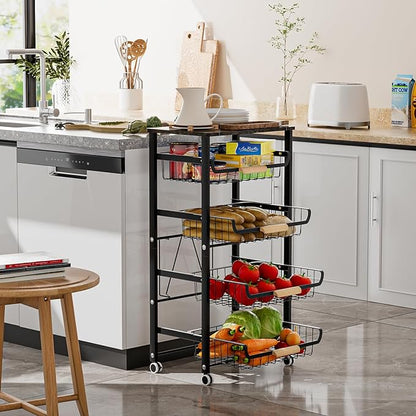 JAQ Fruit Basket for Kitchen, 5-Tier Slide Out Storage Baskets Carts Organizers Drawers with Wood Top Table with Rolling Wheels for Snacks Vegetables Vianderos para Cocina Modernos (Black, 5 Layer)
