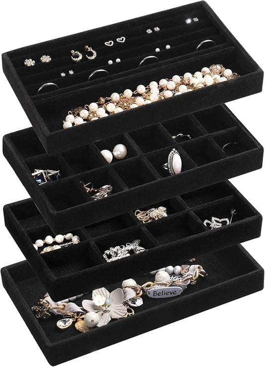 Frebeauty Jewelry Organizer Tray,Stackable Velvet Jewelry Trays,Drawer Inserts Earring Organizer For Women Jewelry Storage Display Case for Rings Stud Necklaces,Set of 4(Black)