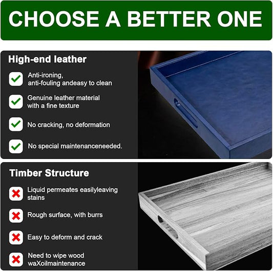 20 * 20 inches Leather Square Serving Tray with Hole Handles,High-End Light Large Service Tray for Ottoman Tray, Tea, Food, Butler - Countertop, Kitchen,Family Dinner, Picnic (Blue)