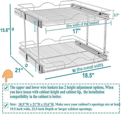 OCG 2 Tier Pull Out Cabinet Organizer (18.5" W x 21" D), Pull Out Drawers for Kitchen Cabinets, Pull Out Shelves for Base Cabinet Organization in Kitchen Bathroom Pantry, Chrome Finish