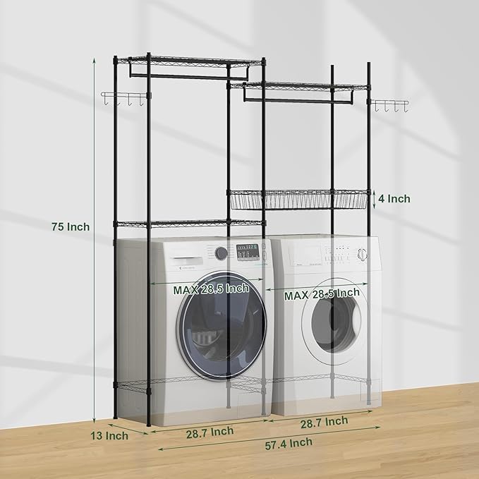 GarveeHome Over Washer and Dryer Shelves, 57.4 in W Laundry Room Clothes Drying Rack, Height Adjustable Towel Racks with Hamper and Hooks, Space Saving Laundry Room Organization and Storage
