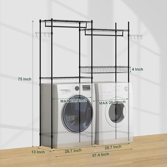 GarveeHome Over Washer and Dryer Shelves, 57.4 in W Laundry Room Clothes Drying Rack, Height Adjustable Towel Racks with Hamper and Hooks, Space Saving Laundry Room Organization and Storage