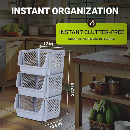Skywin TidyFriend Plastic Stackable Bins for Pantry, 6 Pack Large Stacking Bins Open Front, Toy Organizers, Kitchen, and Bathroom Essentials (Light Grey)