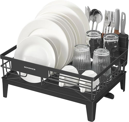 SONGMICS Dish Drying Rack, Kitchen Dish Rack, with Drainboard, 360° Rotatable and Extendable Spout, with Cutlery Holder, 12.2 x 16.5 x 7.3 Inches, Ink Black UKCS550B01