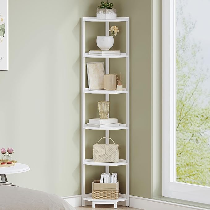 Corner Shelf Stand, Corner Bookshelf, Storage Standing Shelf Unit with Metal Frame, Plant Stand, Bookcase for Living Room, Home Office, Bedroom, 6-Tier White CS06013W