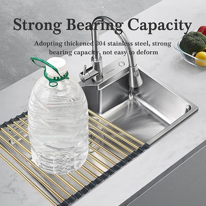 VONIKI Gold Over Sink Dish Drying Rack, 17.7"x 11"Roll Up Dish Drying Rack, Silicone Wrapped Kitchen Rolling Dish Drainer, Anti-Slip Foldable Sink Rack Mat, Multipurpose Dish Racks For Kitchen Counter