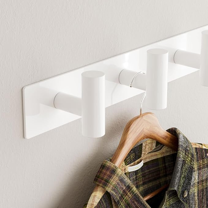 White Wall Mounted Coat Rack – 5 T-Shaped Pegs for Hats, Bags & Towels, Heavy-Duty Metal Rail for Entryway, Bathroom, Closet, Bedroom (2 Pack)