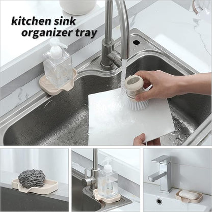 MicoYang Silicone Bathroom Soap Dishes with Drain Spout-Bathroom and Kitchen Sink Organizer,Sponge Holder,Dish Soap Tray,Perfect for Dispenser,Scrubber,Bottle,Cup on Sink or Counter-Tapioca 4.9"×3.2"