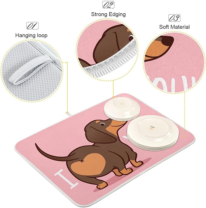 ZzWwR Cute Dachshund Funny Heart Absorbent Dish Drying Mat Microfiber Kitchen Countertop Table Protector Multipurpose Counter Rack Sink Drainer Pad (16” x 18”)