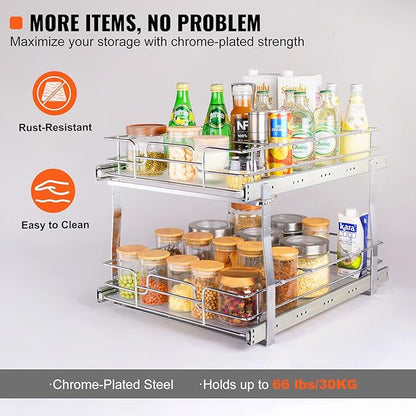 VEVOR 2 Tier 17"Wx21.2"Dx15.2"H Pull Out Cabinet Organizer, Heavy Duty Slide Out Pantry Shelves, Steel Roll Out Drawers, Sliding Drawer Storage for Home, 18.5"Wx22.5"Dx19"H Install Size for Cabinet