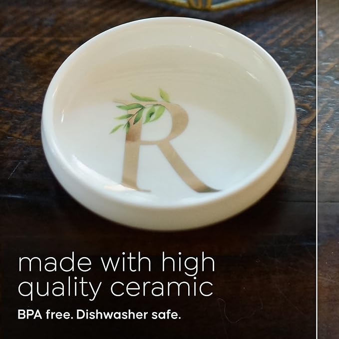 Cedar and Ink Ring Dish with Personalized R in Gold Foil & Greenery, Monogrammed Jewelry Dish, Accessories & Wedding Ring Holder, Dressing Table Tray (R)
