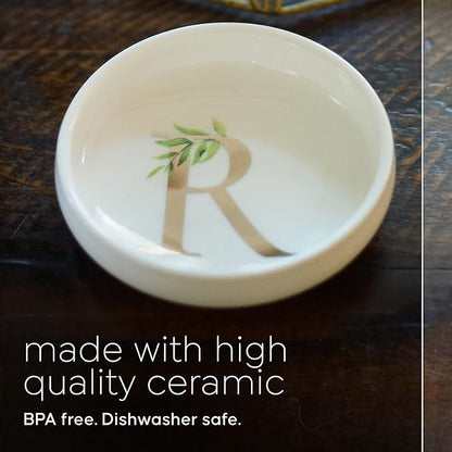 Cedar and Ink Ring Dish with Personalized R in Gold Foil & Greenery, Monogrammed Jewelry Dish, Accessories & Wedding Ring Holder, Dressing Table Tray (R)