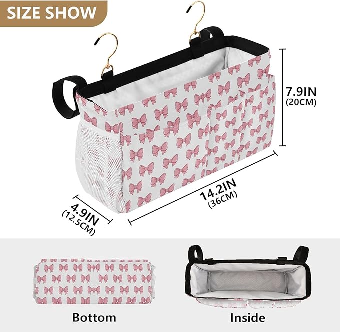 Jihqo Bedside Caddy Hanging Storage Bag Pink Bows Bedside Organizer Caddy for Bunk, Dorm Room, Hospital Beds - Place Magazines / Remotes / Keys