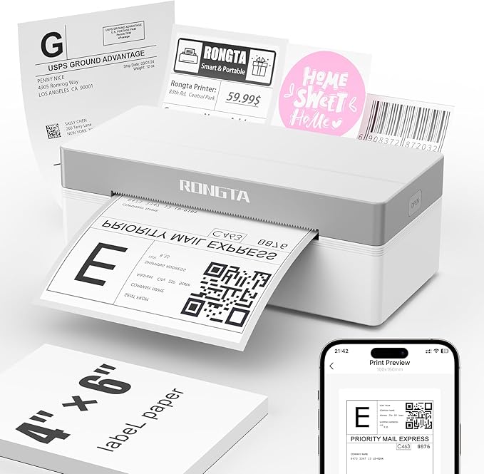 Rongta Shipping Thermal Label Printer, Bluetooth 4x6 Sticker Label Maker Wireless Shipping Label Printer for Package Small Business Compatible with Windows macOS Android iOS