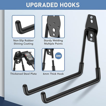 30 Pack Garage Hooks Heavy Duty, Rust-Resistant Solid Steel Wall Mount Hangers for Hanging Ladders & Bikes, Non-Slip PVC Coating Tool Organizer, 5 Sizes U & J Shapes + 2 Straps