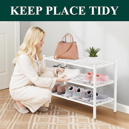 Smiry Bamboo Shoe Rack 3-Tier, Stackable Wooden Shoe Organizer for Entryway & Closet, Free Standing Wood Shoe Storage Shelf for Front Door & Small Spaces, White