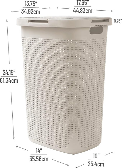 Mind Reader Slim Laundry Hamper with Lid, 60L Clothes Basket, Premium Wicker Design, Plastic, Ivory
