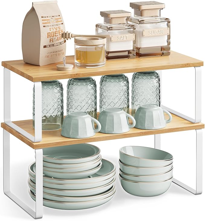 SONGMICS Cabinet Organizer Shelf, Set of 2 Kitchen Counter Shelves, Kitchen Storage, Spice Rack, Stackable, Expandable, Metal and Engineered Wood, Cloud White and Natural Beige UKCS200W01
