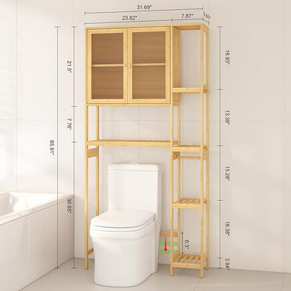 Wisuce Essentials Over The Toilet Storage Cabinet Above Toilet Bathroom Organizer with Toilet Paper Holder Stand Bath Organizer with Adjustable Shelves & Acrylic Doors,Anti-Tip Device (Nature)