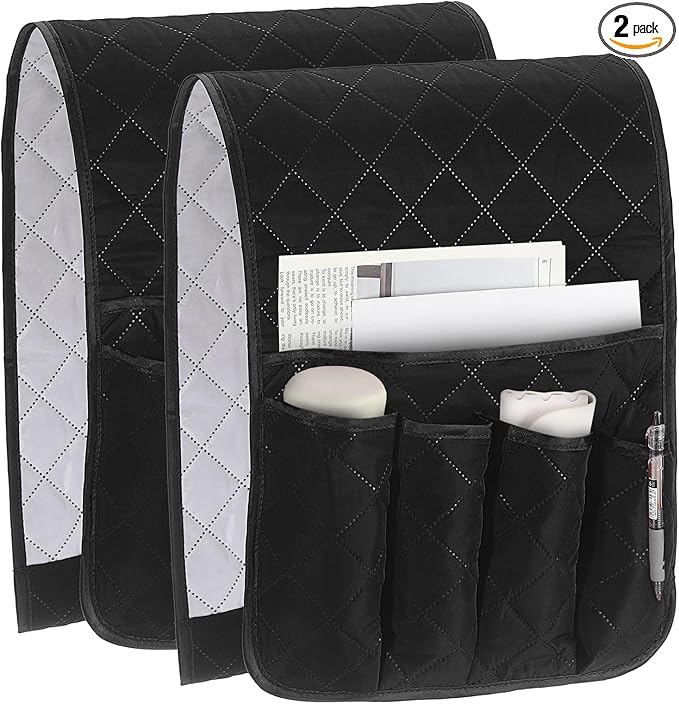 uxcell 2 Pcs Recliner Armchair Caddy, Couch Armrest Organizer with 5 Pockets for Bedside Sofa Remote Control Holder Magazine Phone Book Glasses (Black, 35"x13")