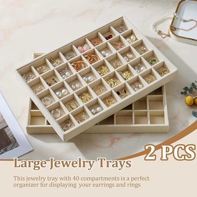 KATISYIO Large Velvet Jewelry Tray 2 Pack Stackable Jewelry Display Drawer Inserts Trays Organizer for Earring Bracelet Necklace Ring (Beige, 40 Grids)