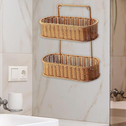 Woven Hanging Organizer Basket, 2 Tier Hanging Fruit Basket, Hand Woven 2 Tier Basket Stand for Bedrooms, Kitchen Entrances, Oval