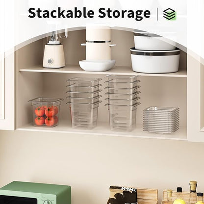FORITRUE 1/6 6'' 12 Pack Plastic Food Pans With Lids, Clear Food Pan, Commercial Stackable Polycarbonate Freezer-Safe for Fruits Vegetables Restaurant Kitchen