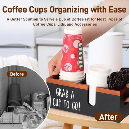 100% Wooden Coffee Cups Holder with U-Shape Cutout Design for Countertop-Coffee Bar Organizer for Cups, Lids, Pods, Stirrers, and Accessories, Great Gift for Home or Office