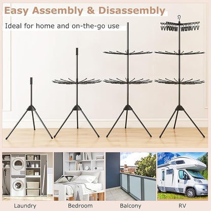 Giantex Tripod Clothes Drying Rack, 3-Tier Freestanding Folding Laundry Drying Rack w/24 Clips & 32 Rods, 70" Space Saving Towel Drying Stand w/360° Rotatable Arms for Laundry Room, Balcony, Black
