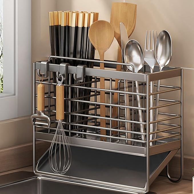 Utensil Holder,Dish Drainer for Kitchen Counter, 3 Compartments Stainless Steel Utensil Drying Rack, Kitchen Utensils Holder with Towel Bar,Self-Draining Tray Design(Gray)