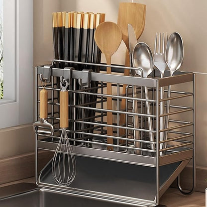 Utensil Holder,Dish Drainer for Kitchen Counter, 3 Compartments Stainless Steel Utensil Drying Rack, Kitchen Utensils Holder with Towel Bar,Self-Draining Tray Design(Gray)