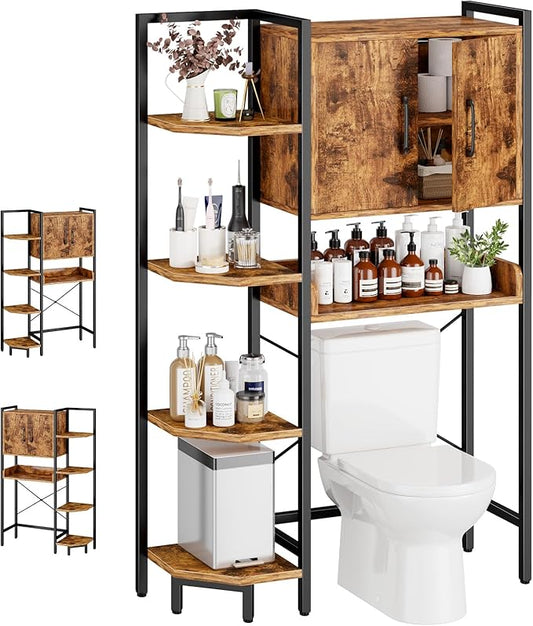 Roxibelt K2 Heavy Duty 7-Tier Over The Toilet Storage Cabinet（With Magnetic Doors & Adjustable Feet）Freestanding Above Toilet Shelf，Space Saver Bathroom Organizer 9.3"D x 31.5"W x 67.2"H，Rustic Brown