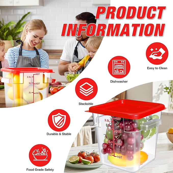 WELKOR Airtight Square Food Storage Containers with Lids 4-Pack, Lock-Tight Seal for Flour, Sugar, Cereal, Keep Food Fresh, BPA-Free Stackable Kitchen Canisters with Measurements (Red, 4QT-4PACK)