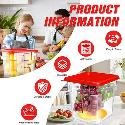 WELKOR Airtight Square Food Storage Containers with Lids 4-Pack, Lock-Tight Seal for Flour, Sugar, Cereal, Keep Food Fresh, BPA-Free Stackable Kitchen Canisters with Measurements (Red, 4QT-4PACK)