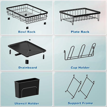 GAOKASE 2 Tiers Dish Drying Rack, Space-Saving Dish Racks for Kitchen Counter, Dish Drainer Drying Rack with Drainboard, Utensil Holder Cups Holder Plate Rack and Automatic Drainage Drainboard, Black