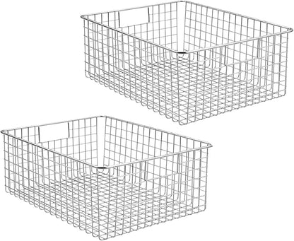 mDesign Metal Wire Food Storage Basket Organizer with Handles for Organizing Kitchen Cabinets, Pantry Shelf, Bathroom, Laundry Room, Closets, Garage - Concerto Collection - 2 Pack - Chrome