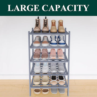 Smiry Small Bamboo Shoe Rack 5-Tier, Stackable Wooden Shoe Organizer for Entryway & Closet, Free Standing Wood Shoe Storage Shelf for Front Door & Small Spaces, Grey
