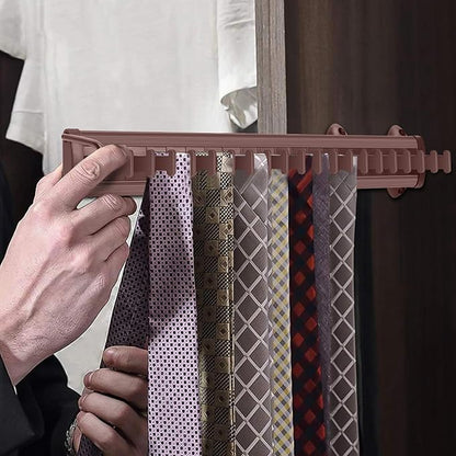 Sliding Tie Racks for Closet, 20 Tie Hanger for Men Pull Out Belt Hanger for Closet Storage Organizer with Slider, Side Mount Closet Holder Rail with 20 Hooks for Scarves Ties Belts(Brown)